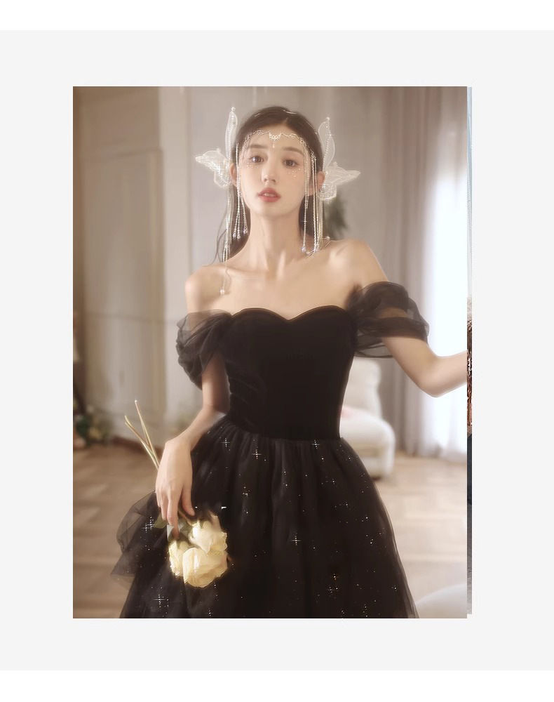 Đầm dạ hội đen lệch vai dáng chữ A thanh lịch — đen chi tiết 9