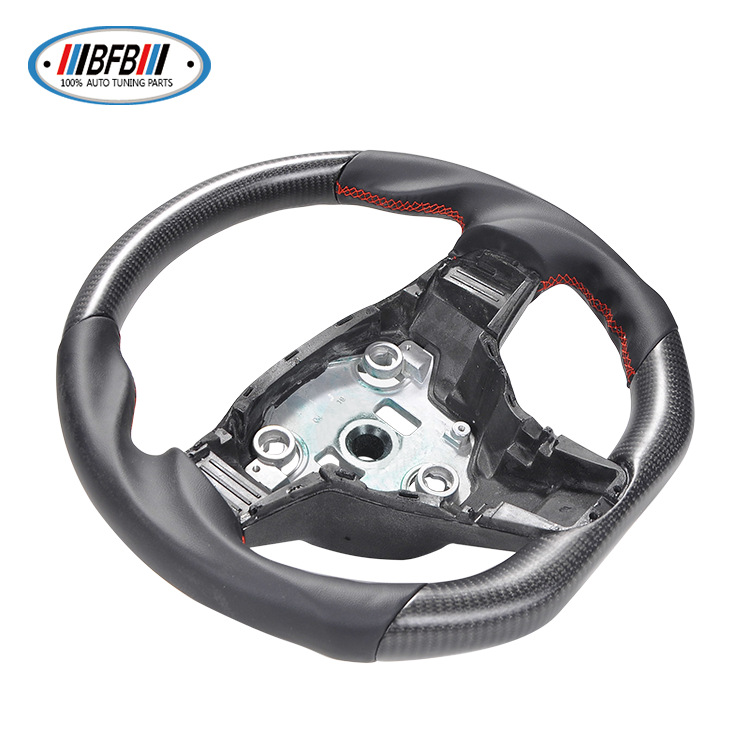 100% Real Carbon Fiber Matte Black Steering Wheel with Black Smooth Leather and Red Stitching - For Tesla Model Y - Steering Wheel Modification