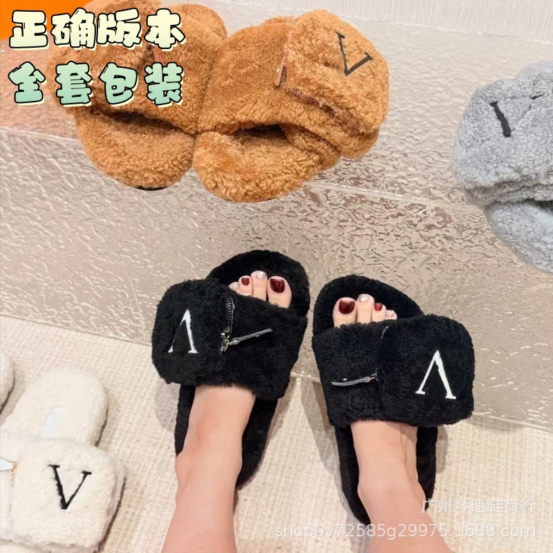驴家2025秋冬新款书包拉链羊羔毛拖鞋厚底外穿露趾保暖羊羔毛绒托