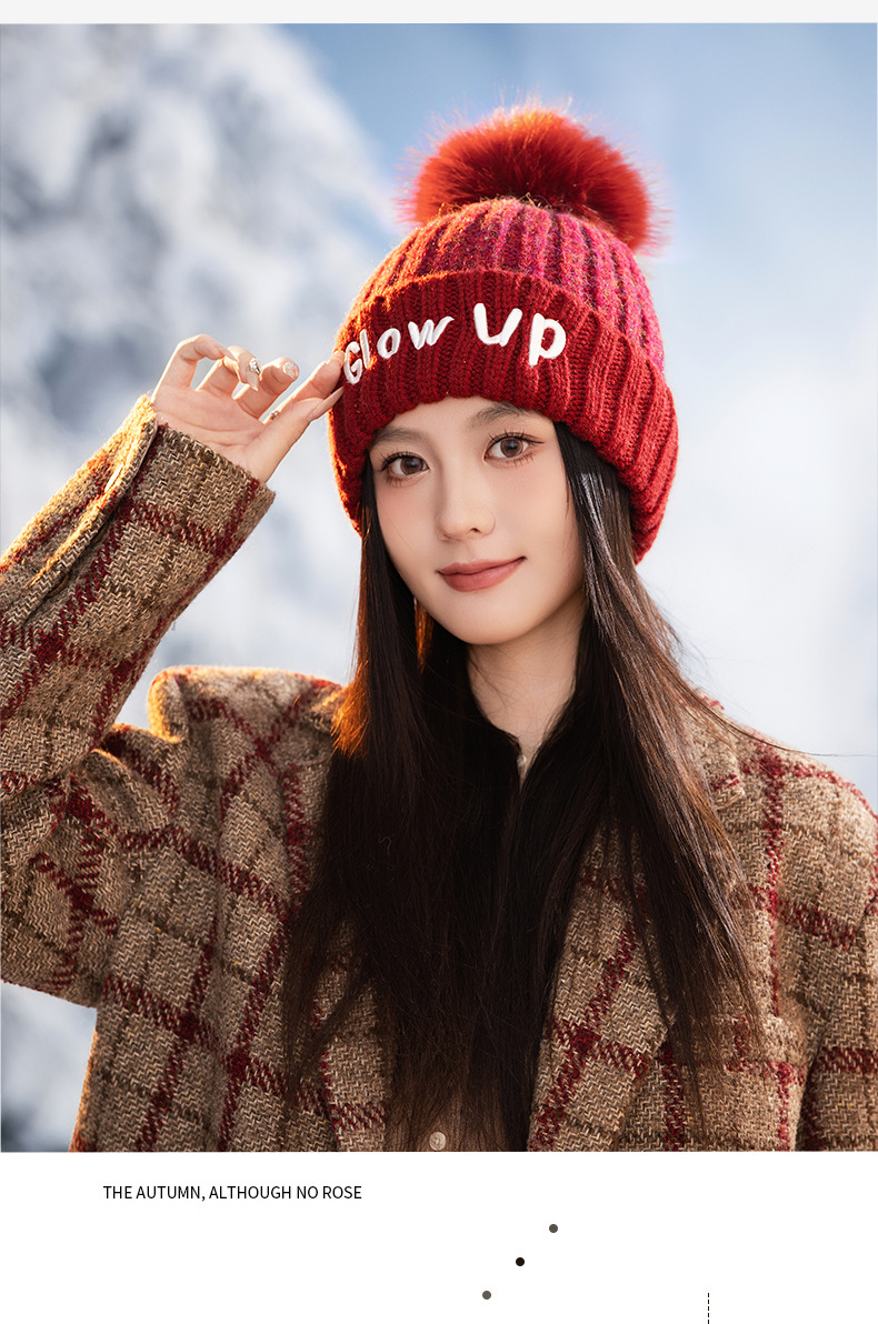 Gorro de lana de punto con bordado de letras inglesas, versátil, bonito y cálido, ideal para otoño e invierno. Con pompón. Estilo coreano._voghion.com