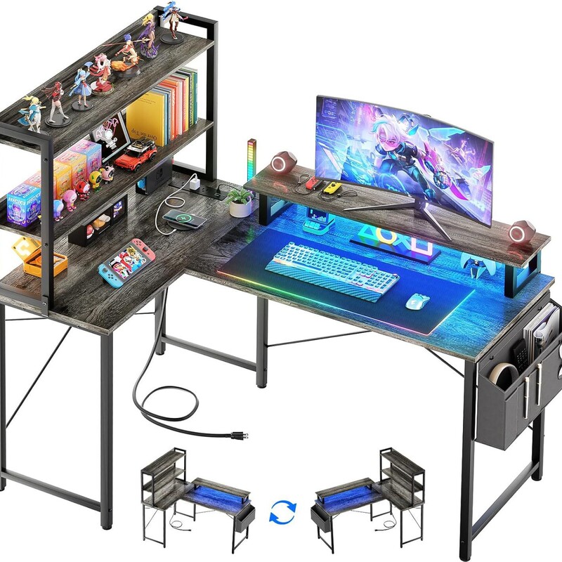 Homieasy L-Shaped Computer Desk with Bookshelf, Double-Sided Corner Gaming Desk with Charging Station and Led Lights,