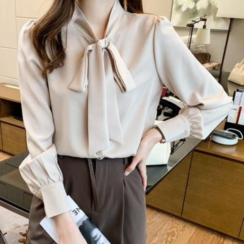 春秋の服の新型の蝶結びのシフォンのシャツの女性の長袖のゆったりしている感じの気質の純色の百合の上着|undefined