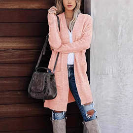 亚马逊跨境热销欧美秋冬长款针织开衫毛衣外套休闲宽松大码女装