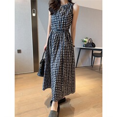 CALLの格子縞プリントスカート! 洋気chi ~ 腰を収めてやせている袖のない丸首のベルトのワンピース