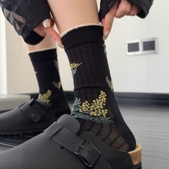 夏薄复古艺术树叶花朵网眼镂空透气袜子女堆堆棉袜百搭个性街头风