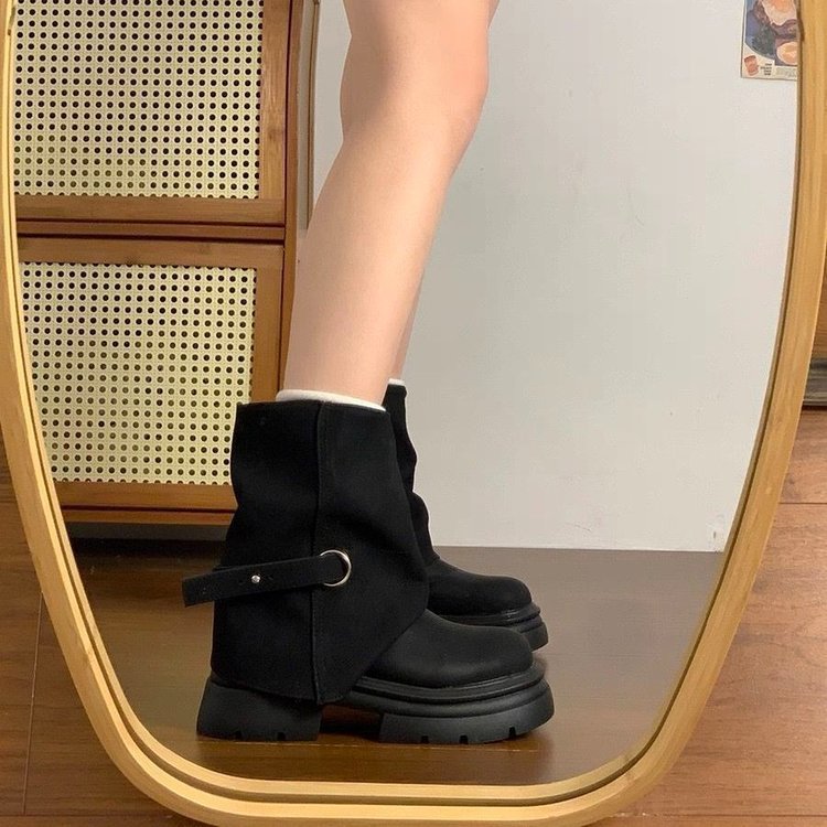 棕色复古短靴女2025秋冬高级感百搭马丁靴时尚百搭圆头增高中筒靴|undefined