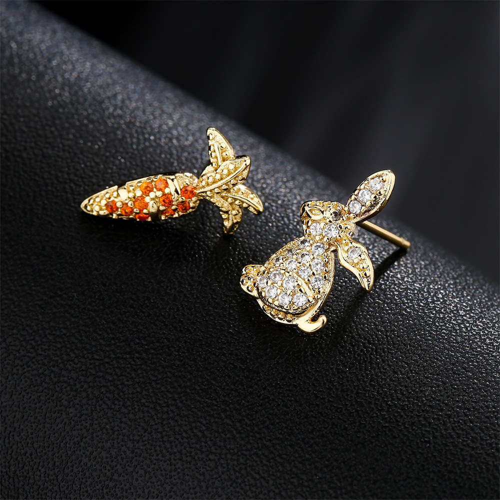 Earrings, Ear Studs Classification Sweet Cute Rabbit Carrot Shape Copper Plated 18k Gold Zircon Earrings Stud