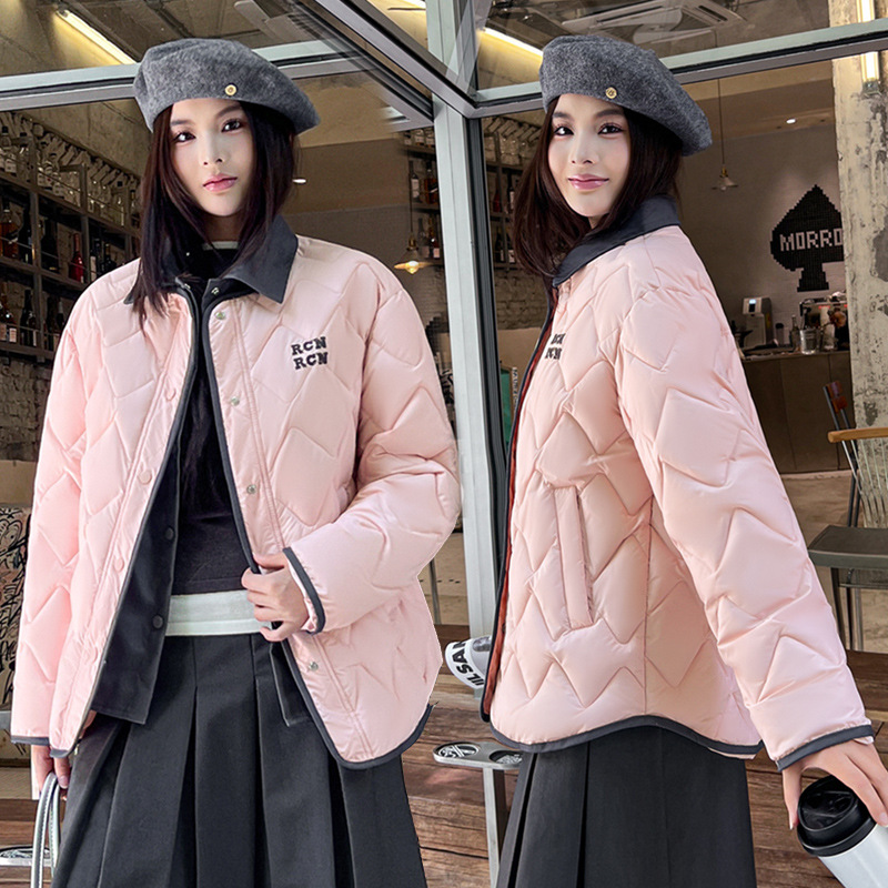 Retro americano pequeño viento de color contraste de algodón borde vestido de moda de invierno para hombres y mujeres cuadrillas sueltas chaqueta de solapa ligera lotes image 1