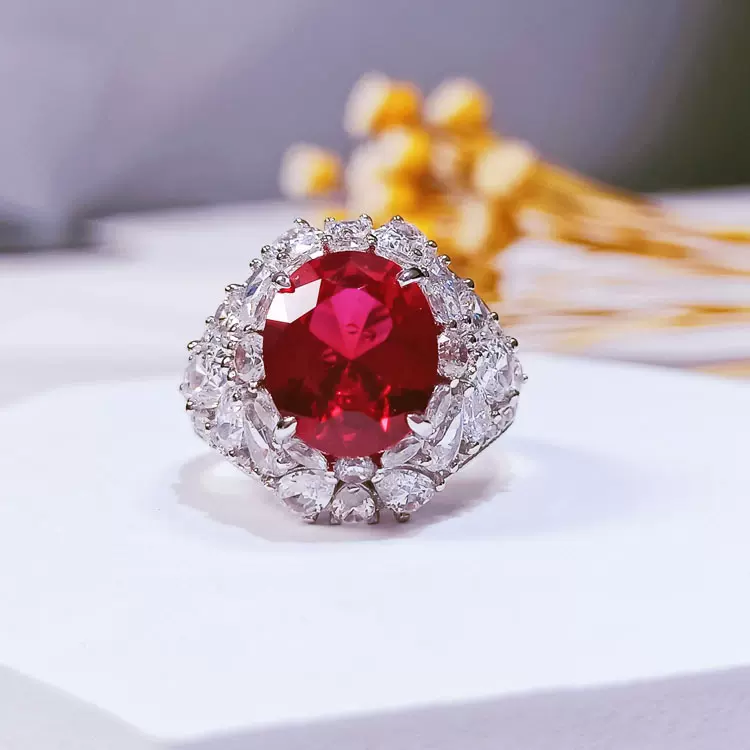 越恩珠宝 红宝石戒指豪华款S925银戒指10*12冰花切高碳钻戒指直播