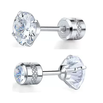 Cross-border popular European and American fashion round zircon fine needle stud earrings stainless steel electroplated Diamond-embedded four-claw double diamond earrings