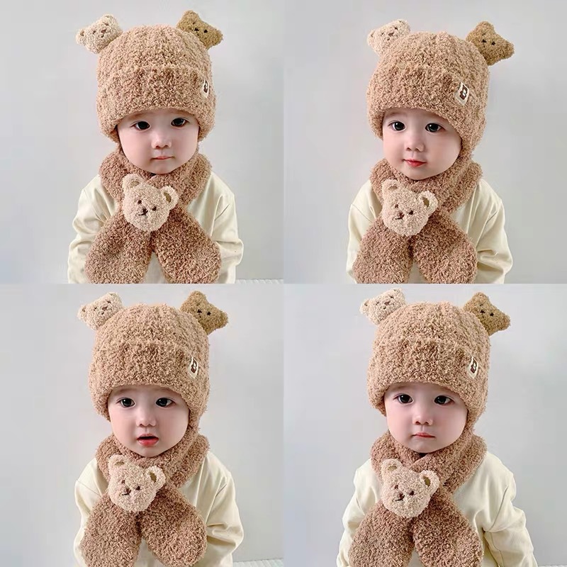 Little Bear Plush Baby Hat Autumn and Winter Baby Hat Scarf One Piece Set for Children's Warm Ear Protection Hat Super Cute