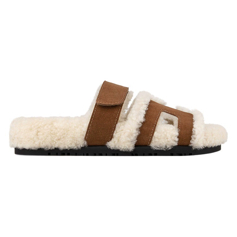 Женские меховые тапочки на липучке, осенние и зимние уличные тапочки на толстой подошве из овечьей шерсти для женщин, новая модель 2023 года.