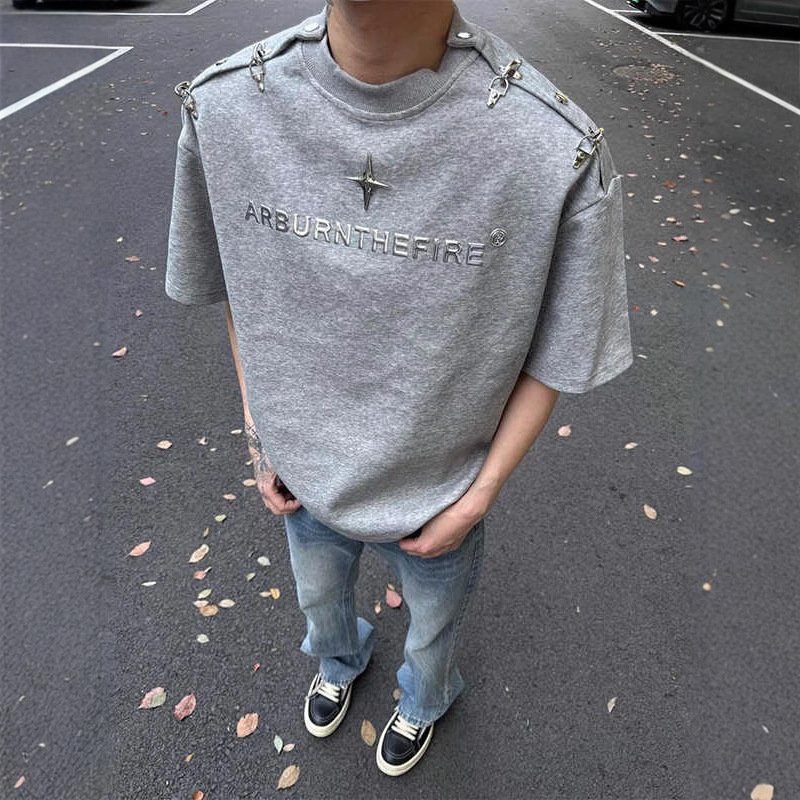American High Street Small Neckline Shoulder Pad T-Shirt Men's Summer Fashion Simple High-End Handsome Loose Half-Sleeved Top