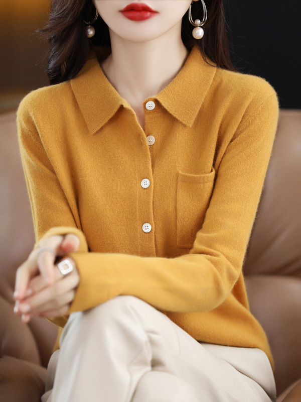 Wool Cardigan Women's Autumn and Winter Collar Knitwear Pure Color Long-Sleeved Shirt-Style Knitwear Loose and Versatile Cashmere Jacket