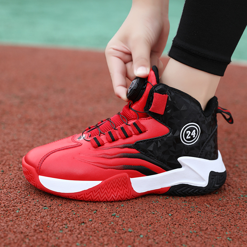 Novos sapatos de basquete infantil de couro leve e moderno para estudantes de outono, fivela giratória para meninos e meninas_voghion.com