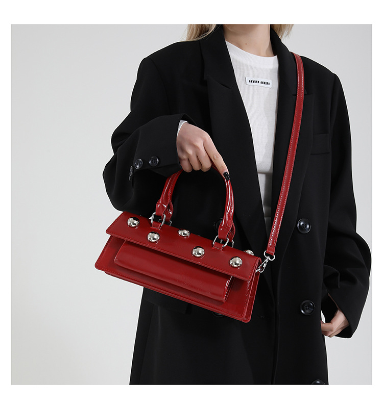 772g Weight Rivet Fashion Element Magnetic Buckle Closure Type Single Shoulder Strap, Top Handle Strap Type Handbag, Crossbody Bag Bags Type Daily Occasion Pu Leather Material Solid Color Pattern All Seasons Season Women's Gender Classic Style Style Square Shape Small Size Women's Small Pu Leather Solid Color Classic Style Rivet Square Magnetic Buckle Handbag Crossbody Bag 8