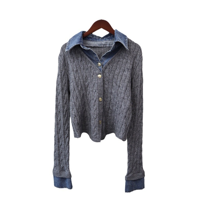 Women's Clothing Spliced denim two piece knitted cardigan autumn and winter new chic design temperament sweater jacket _voghion.com