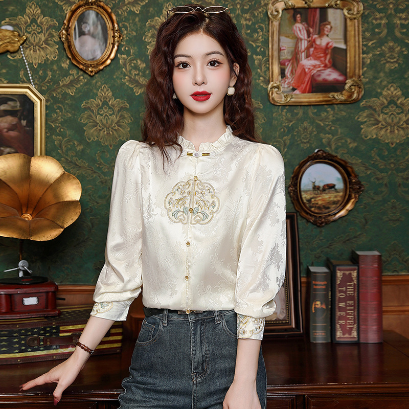 New Chinese-style silk jacquard shirt for women, 2026 spring and autumn new model, stand-up collar, long-sleeved shirt, elegant and classic top