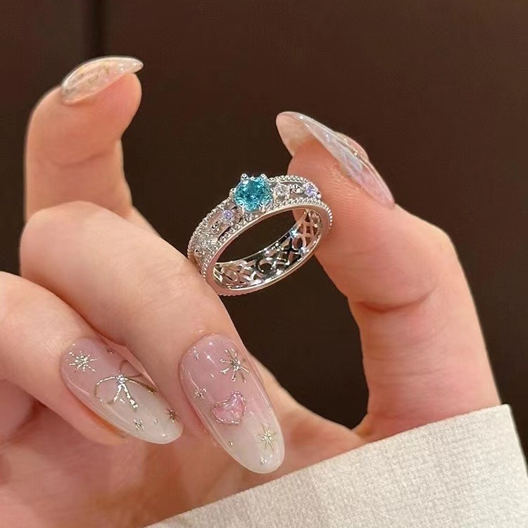 Dream Crystal Fate" Cool Blue Zircon For Women, Light Luxury High-end Sense, Index Finger Ring With Hollow Design_voghion.com