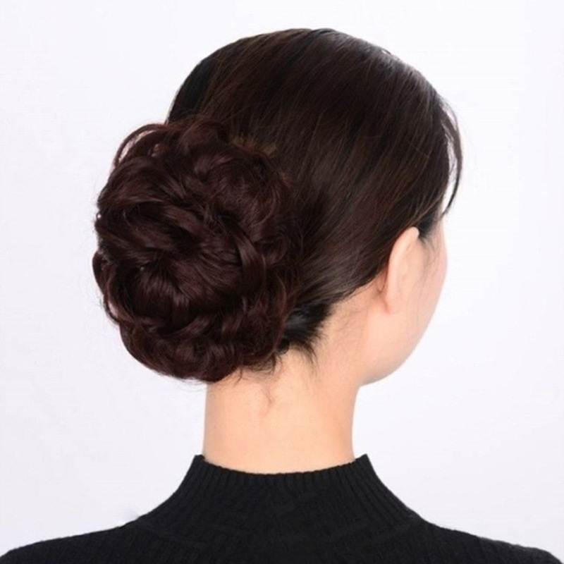 Synthetic hair female grab clip ring flower bud head lazy half bun fluffy natural hair curler wig bag_voghion.com