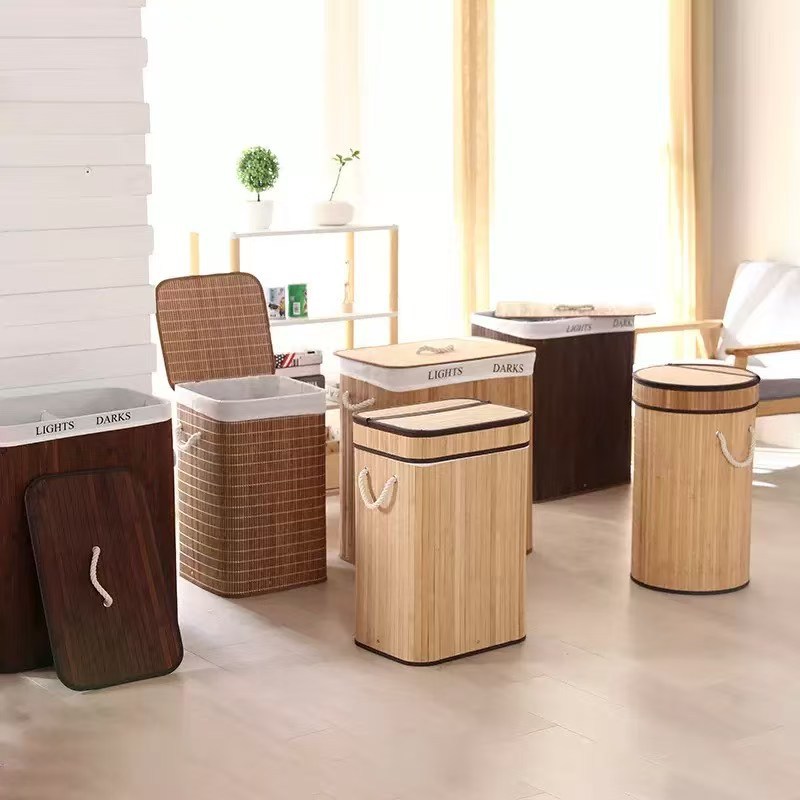 Cesta de ropa sucia transfronteriza con bolsillo interior con cubierta de bambú y madera plegable Cesta de almacenamiento de ropa sucia Cesta de ropa sucia