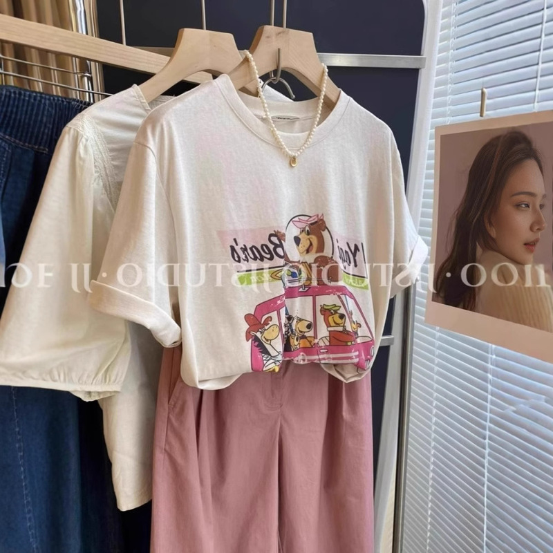Korean Style Shoulder Cartoon Printed Age-reducing Short-sleeved T-shirt Women's Summer Cool-feeling Snowflake Cotton Loose Slimming T-shirt Top Korean Style Shoulder Cartoon Printed Age-reducing Short-sleeved T-shirt Women's Summer Cool-feeling Snowflake Cotton Loose Slimming T-shirt Top