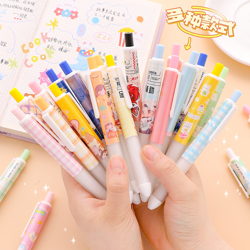 Lindo DE LA Historieta del color del caramelo de empuje pluma estudiante de gran capacidad de gel pluma de oficina firma pluma negro pluma al por mayor