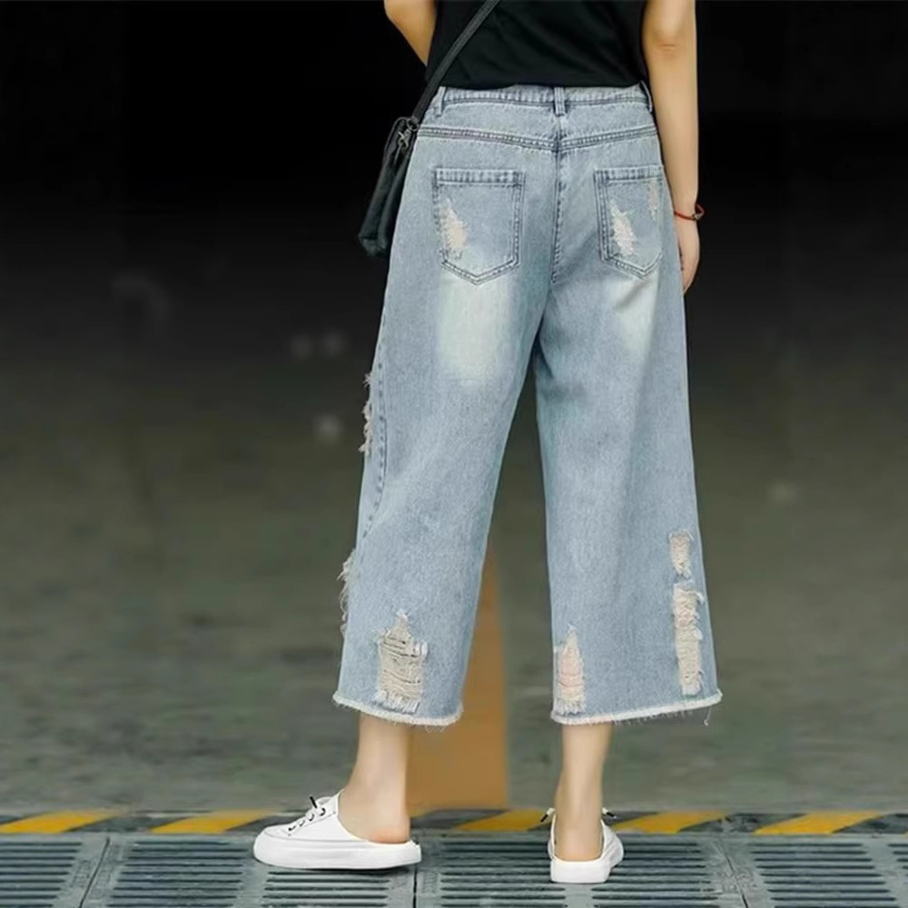 Retro Distressed Ripped High-Waisted Jeans Women's Summer Style Thin Loose Wide Leg Pants Petite Cropped Casual_ecoleips.com