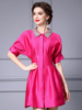 Zhili Dingdiamond Doll Neck Dress Rose Red High end Exquisite Raglan Sleeves A-line Dress Small stature 2024 Summer