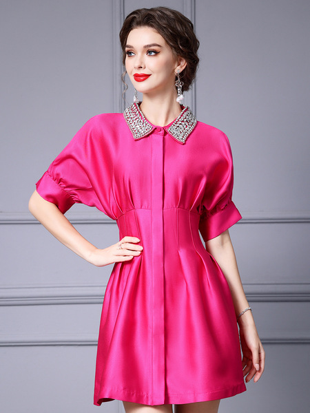 Zhili Dingdiamond Doll Neck Dress Rose Red High end Exquisite Raglan Sleeves A-line Dress Small stature 2024 Summer