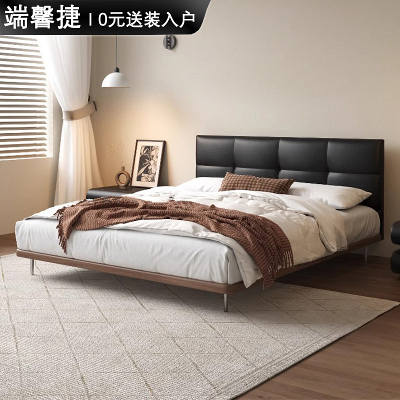 Cama de cuero oscura, cuero de vaca negro, cama doble retro, cama principal, cama queen simple, moderna.