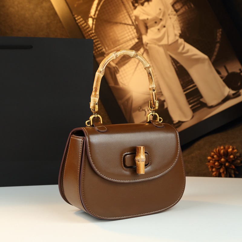 Bamboo Joint Handle Handbag Retro Saddle Bag Genuine Leather Women's Bag 2025 New Arrival Luxury Small Shoulder Crossbody Bag - Thumbnail 7