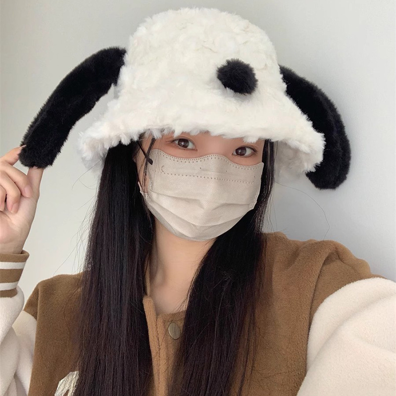 可爱小狗毛绒渔夫帽女秋冬天白色毛毛显脸小保暖护耳盆帽学生百搭|undefined