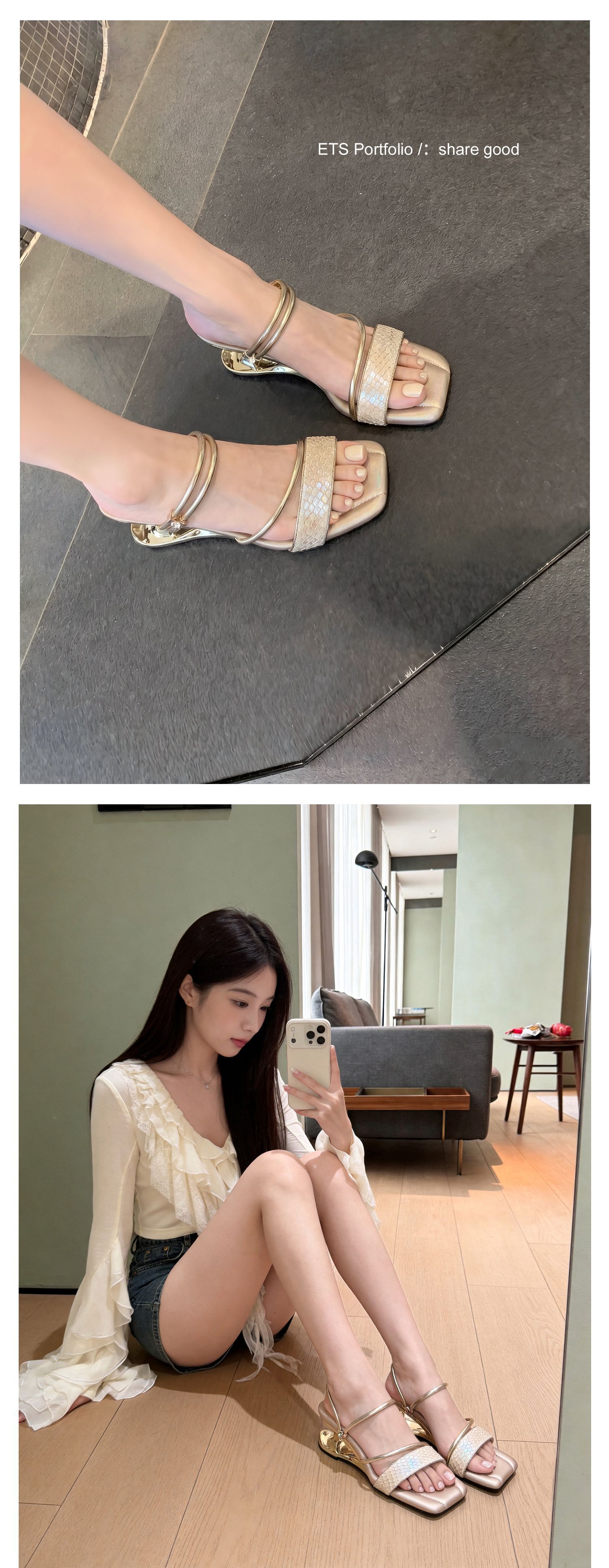Sandal cao gót nữ quai mảnh mũi vuông hở mũi, gót dị hình, có thể xỏ kiểu một dây hoặc hai dây — màu vàng, bạc chi tiết 14