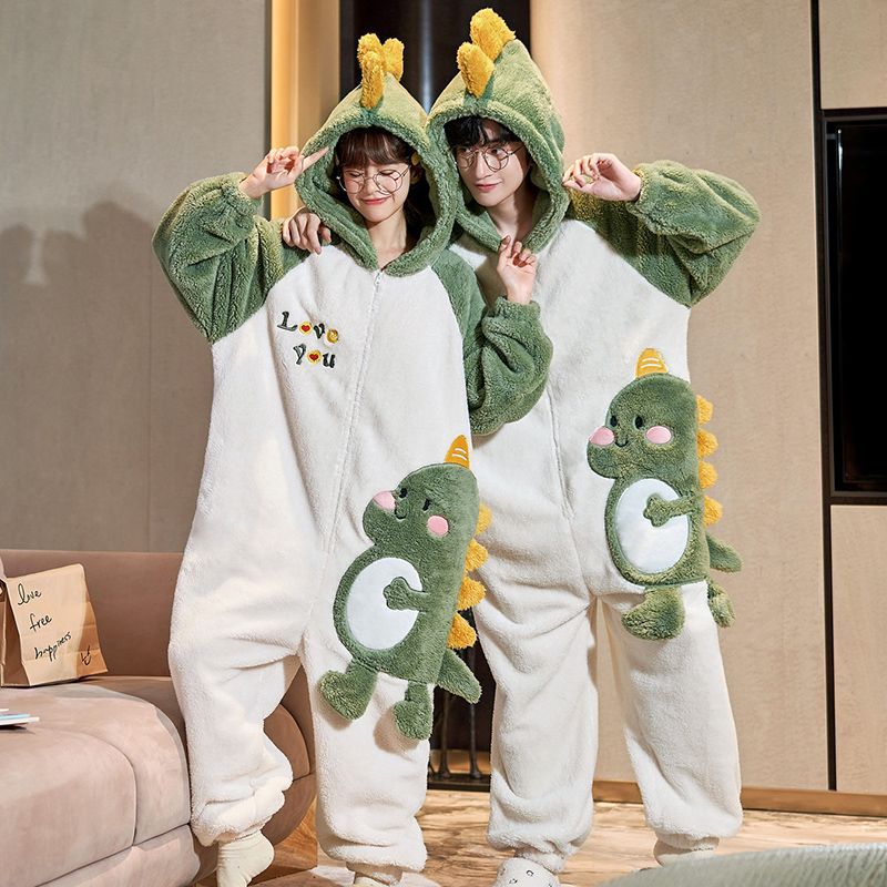 Cross-border conjoined couples pajamas autumn and winter thickened plush cartoon hooded cute outerwear home clothes