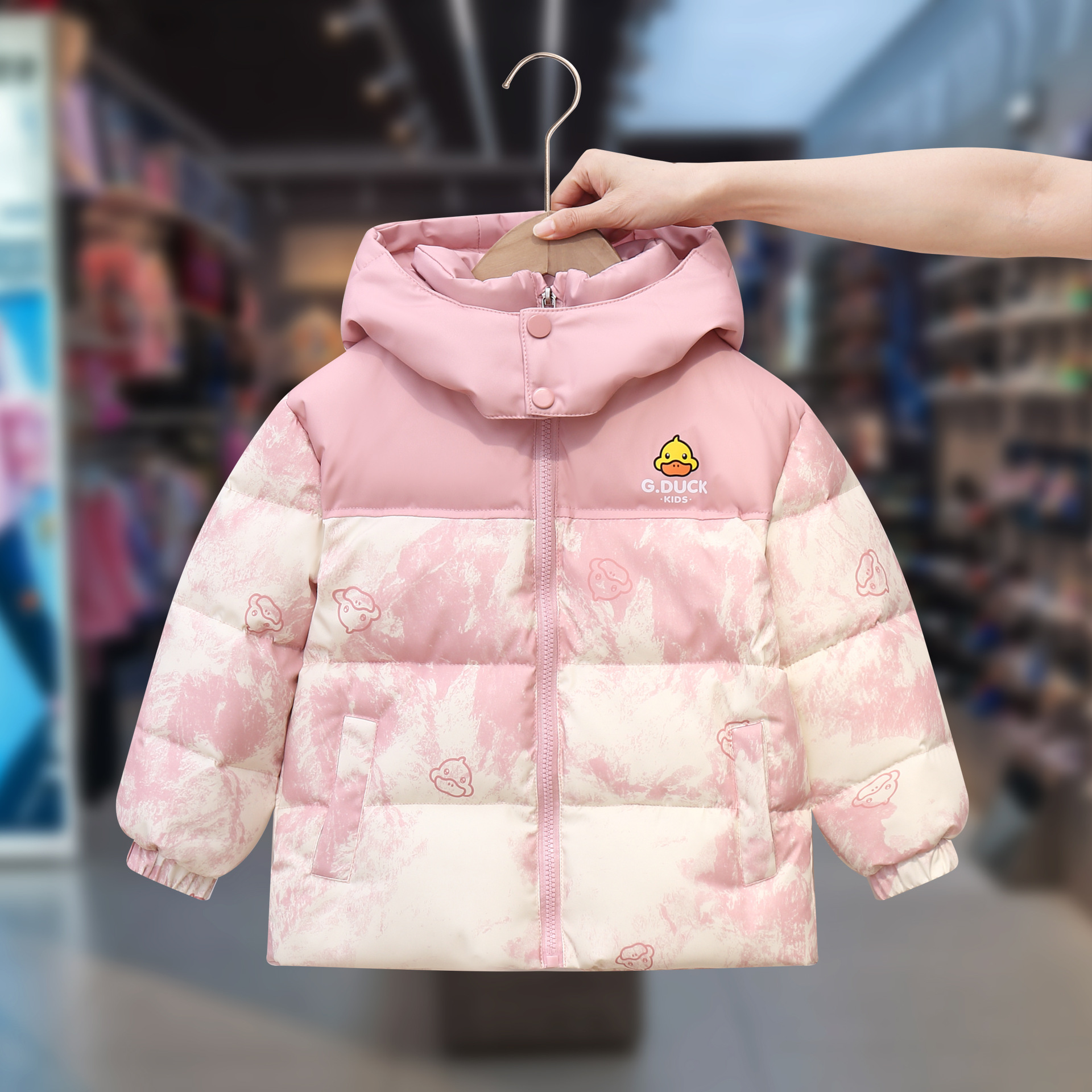 小黄鸭2024新款儿童羽丝绒丝服男女宝加厚防水连帽外套小孩秋冬