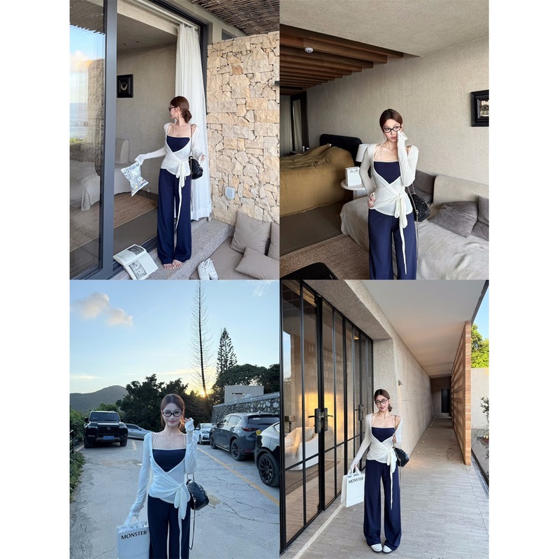 实拍~早秋新款高级感挂脖吊带背心+绑带开衫+休闲裤子三件套88183|undefined