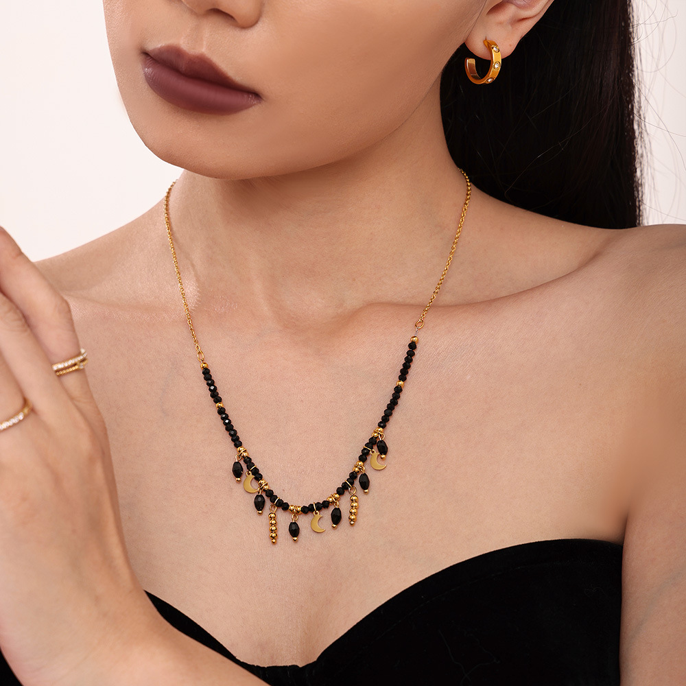 Sugar Cube Retro Temperament Black Crystal Moon Tassel Pendant Clavicle Necklace Stainless Steel Dark Queen Jewelry_voghion.com