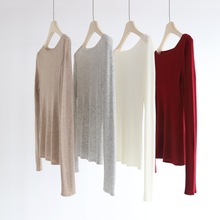 肌理感人字纹长袖打底针织衫女一字领羊毛混纺打底衫内搭上衣