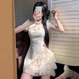 0短袖斤提花新中式旗袍裙大码甜美网纱拼接蛋糕连衣裙女夏20胖mm