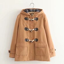 JK制服学院风日系加棉连帽牛角扣毛呢子大衣女外套秋冬大毛领