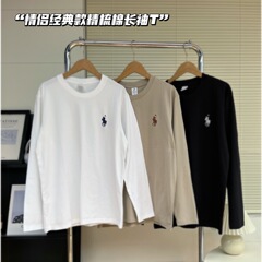 クラシックポニー刺繍入り、綿100%長袖Tシャツ、高品質240g純綿シロ紡績生地、ラウンドネックトップス