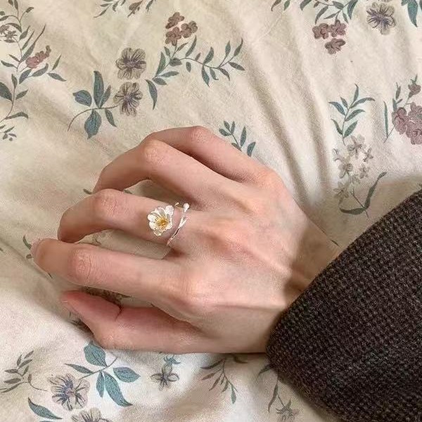 新中式海棠花戒指女小众高级清冷感开口食指戒文艺简约百搭指环潮|undefined