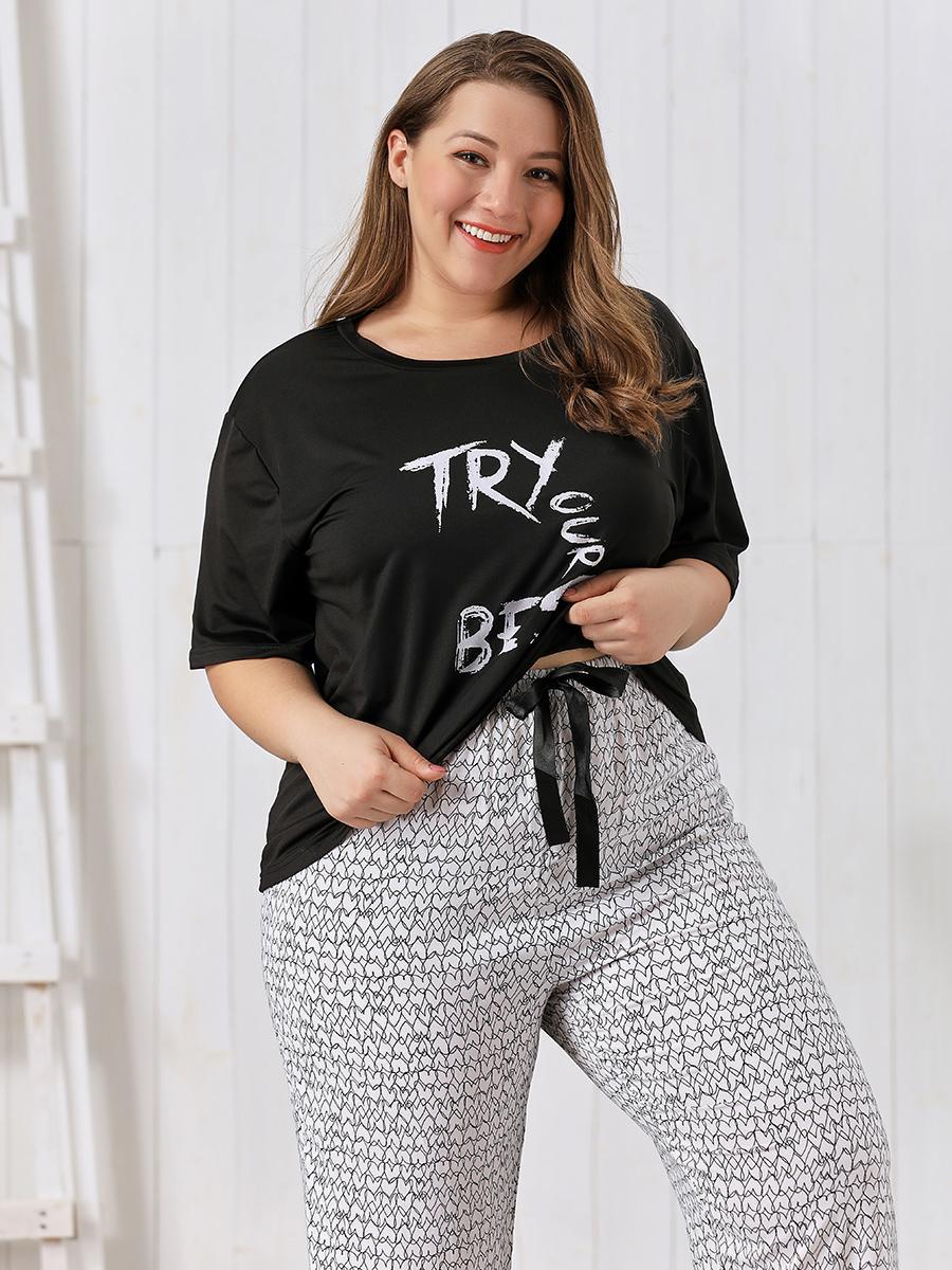 plus size print short sleeve loose round neck two-piece Loungewear-Can be worn outside NSWFC130407