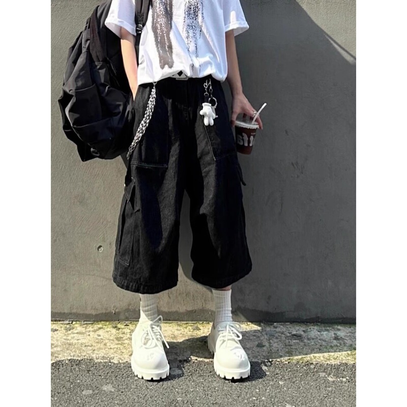 Summer Casual Cropped Pants for Men, New Straight Wide-Leg National Trend Workwear Jeans, Loose Washed Fashion Niche