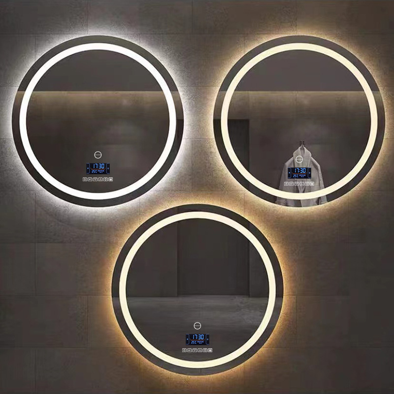 Espejo redondo colgado de pared espejo de baño inteligente con lámpara LED pantalla táctil inductiva anti-fog luminiscente espejo colgado de pared