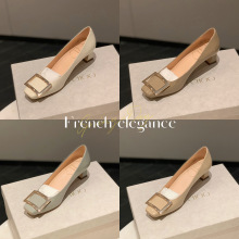工厂直销女鞋法式高跟鞋百搭粗跟平底单鞋女经典方扣小方头浅口