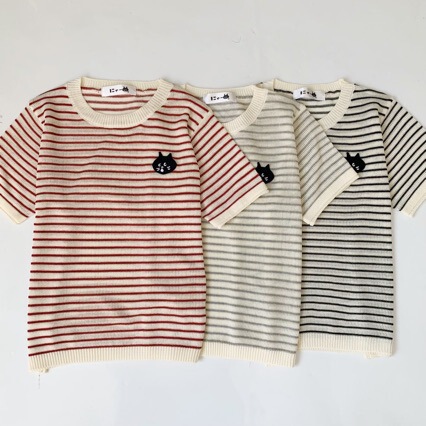 Korean Style Contrasting Color Striped Short-Sleeved T-Shirt for Women 2026 Spring and Summer New Fashion College Style Cartoon Cat T-Shirt Korean Style Contrasting Color Striped Short-Sleeved T-Shirt for Women 2026 Spring and Summer New Fashion College Style Cartoon Cat T-Shirt