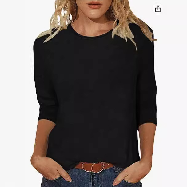 2024 Spring and Summer New Women's Clothing Amazon European and American Slim-fit Slimming Imitation Cotton Round Neck Printed Solid Color Seven-point Sleeve Long Sleeve