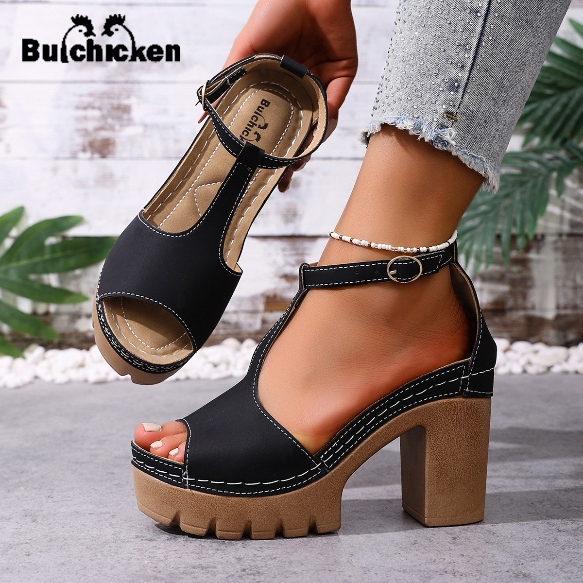 Cross-Border Summer Large Size T-Shaped Thick-Soled Thick High-Heeled Sandals for Women, Comfortable and Stable Heels, Fashionable and Tall, Wholesale from Manufacturers